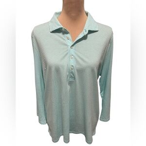Renwick Women’s Polo Long Sleeve Golf Shirt Green & White Striped in a Size XL.